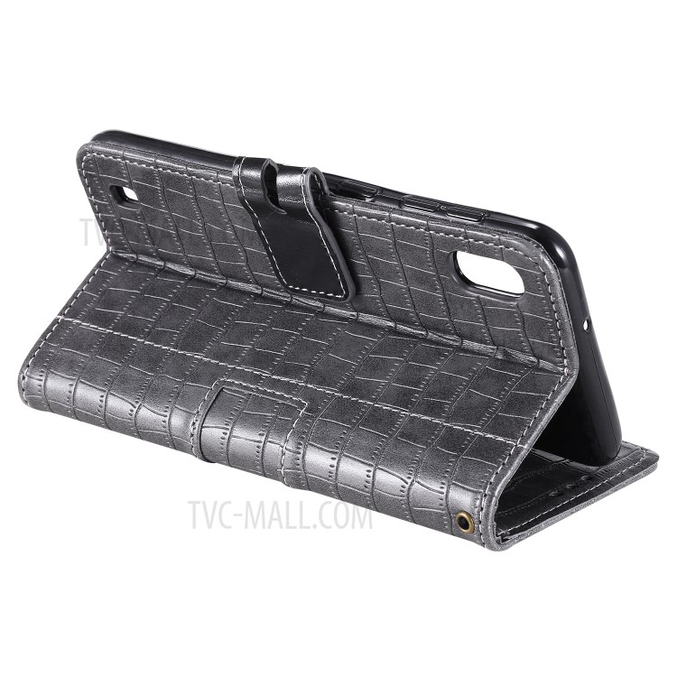 Crocodile Skin PU Leather Phone Cover Wallet with Strap for Samsung Galaxy A10/M10 - Grey-6