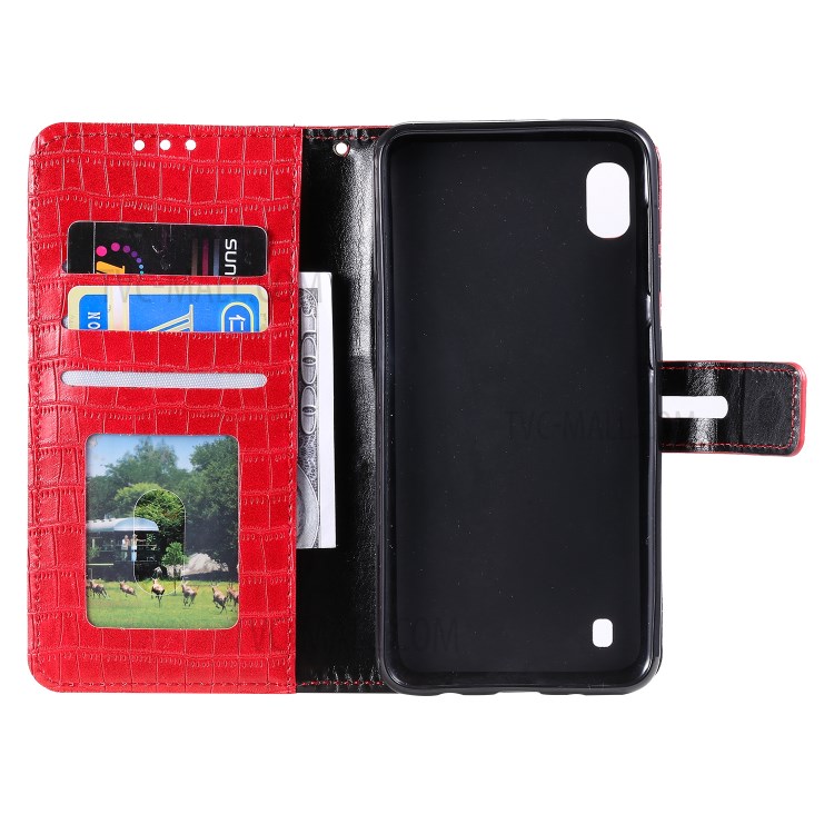 Crocodile Skin PU Leather Phone Cover Wallet with Strap for Samsung Galaxy A10/M10 - Red-5