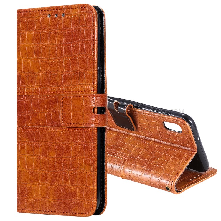 Crocodile Skin PU Leather Phone Cover Wallet with Strap for Samsung Galaxy A10/M10 - Brown-1