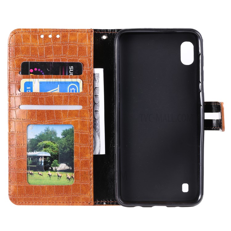 Crocodile Skin PU Leather Phone Cover Wallet with Strap for Samsung Galaxy A10/M10 - Brown-5