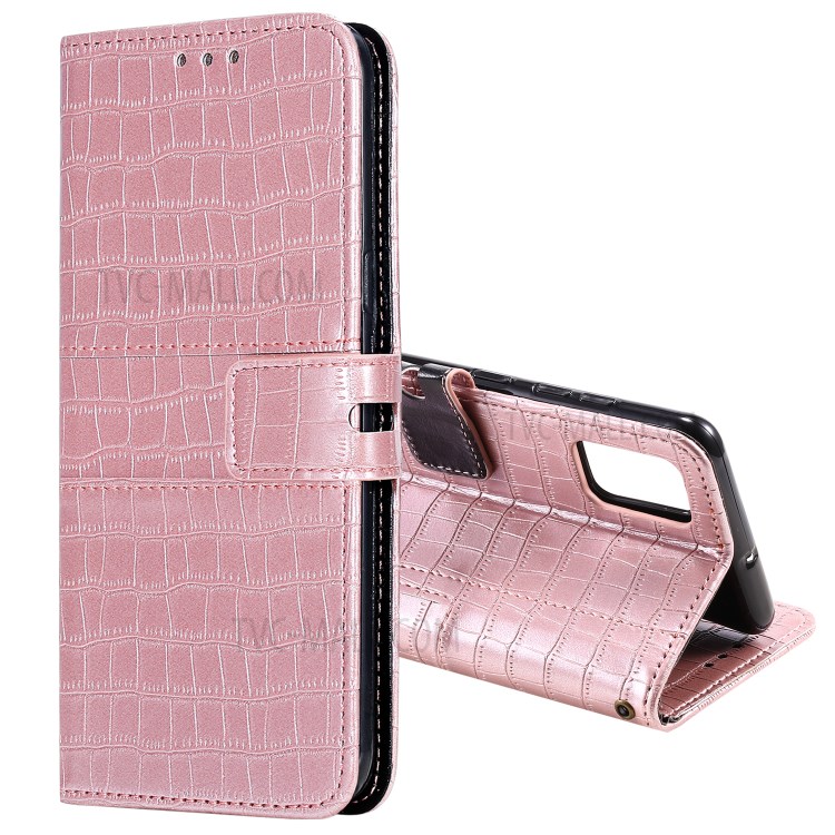 Crocodile Skin Auto-absorbed PU Leather Wallet Case with Strap for Samsung Galaxy A51 - Rose Gold-1