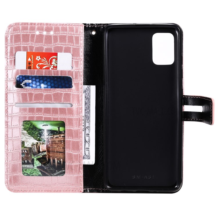 Crocodile Skin Auto-absorbed PU Leather Wallet Case with Strap for Samsung Galaxy A51 - Rose Gold-5
