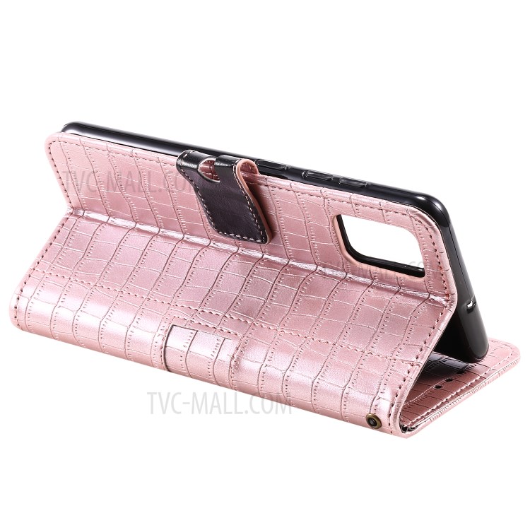 Crocodile Skin Auto-absorbed PU Leather Wallet Case with Strap for Samsung Galaxy A51 - Rose Gold-6