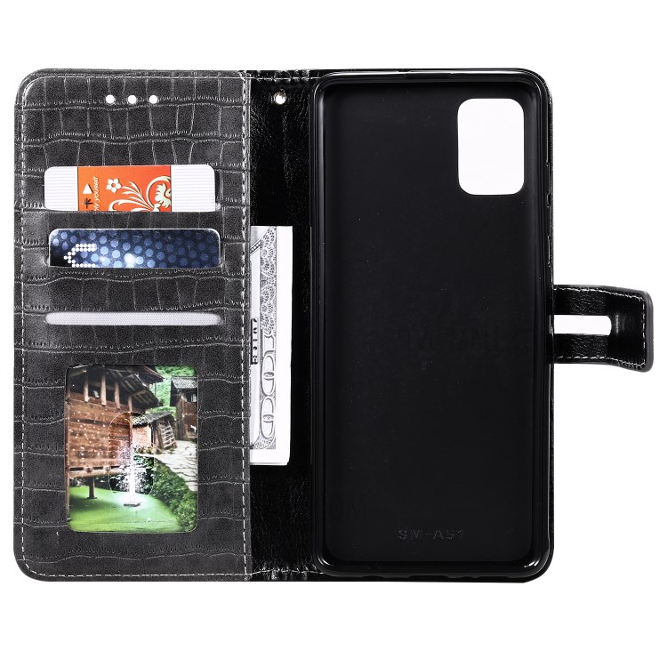 Crocodile Skin Auto-absorbed PU Leather Wallet Case with Strap for Samsung Galaxy A51 - Grey-5