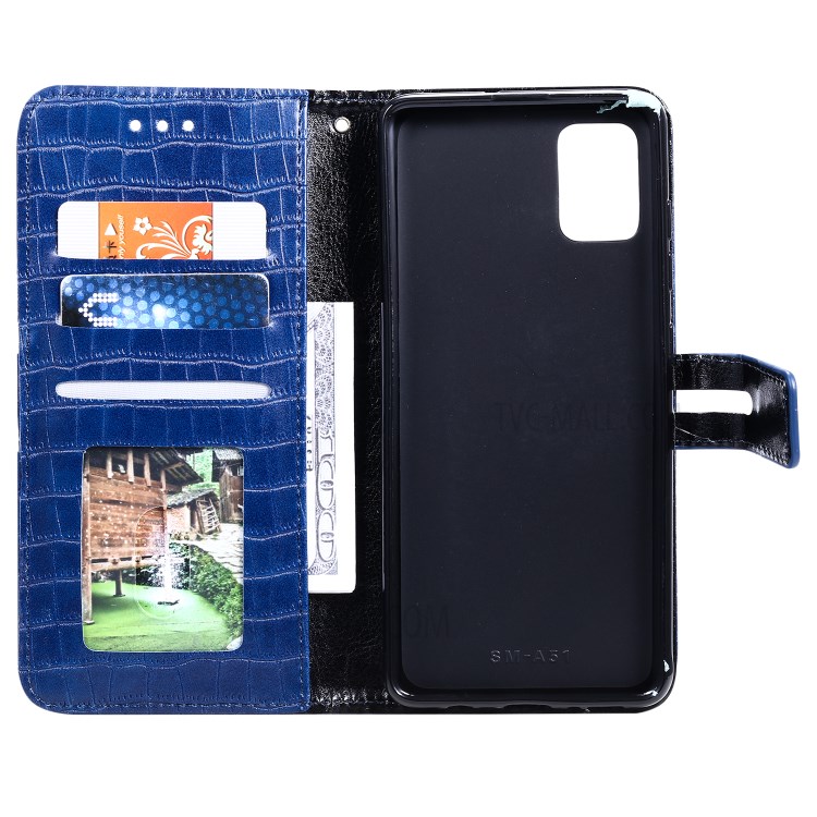 Crocodile Skin Auto-absorbed PU Leather Wallet Case with Strap for Samsung Galaxy A51 - Blue-5