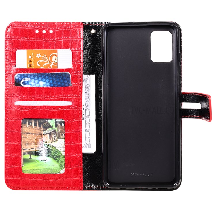 Crocodile Skin Auto-absorbed PU Leather Wallet Case with Strap for Samsung Galaxy A51 - Red-5