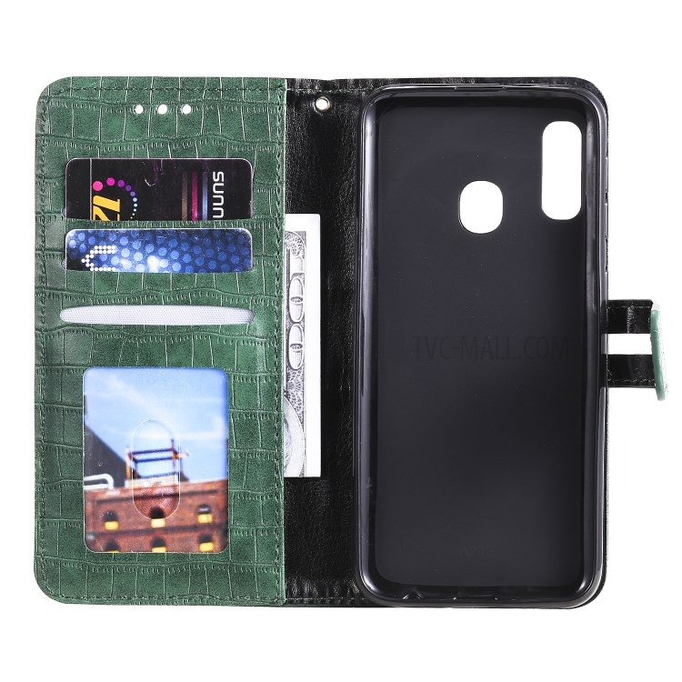 Crocodile Skin PU Leather Wallet Case with Strap for Samsung Galaxy A20e - Green-5
