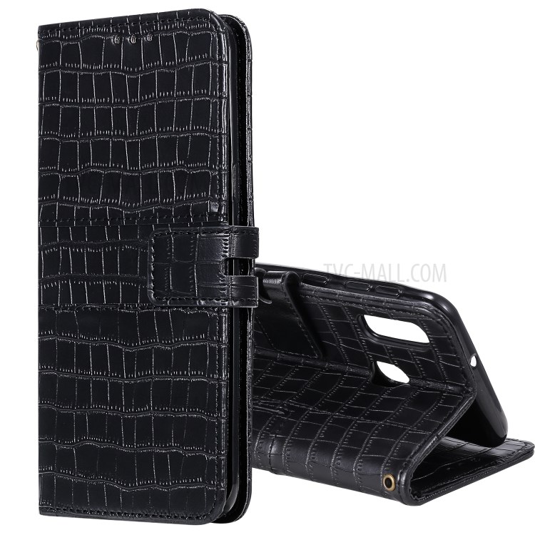 Crocodile Skin PU Leather Wallet Case with Strap for Samsung Galaxy A20e - Black-1