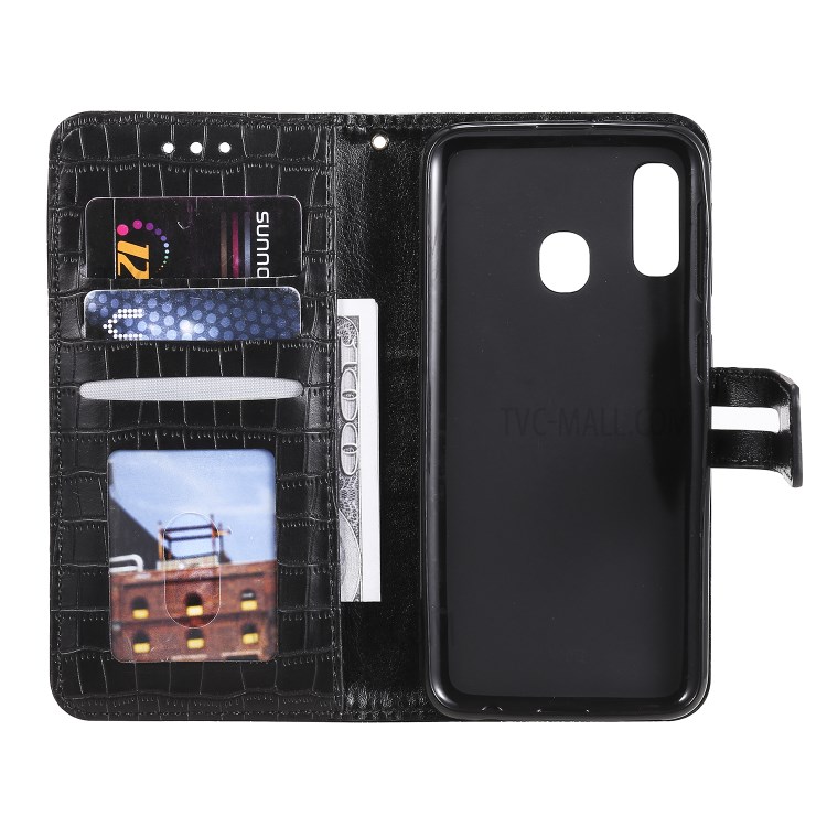 Crocodile Skin PU Leather Wallet Case with Strap for Samsung Galaxy A20e - Black-5