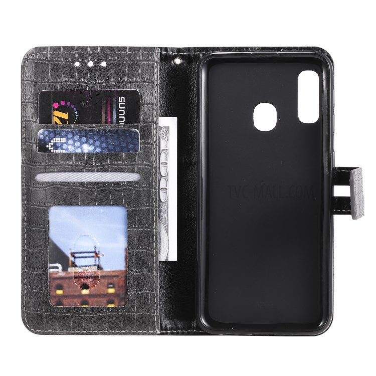 Crocodile Skin PU Leather Wallet Case with Strap for Samsung Galaxy A20e - Grey-5