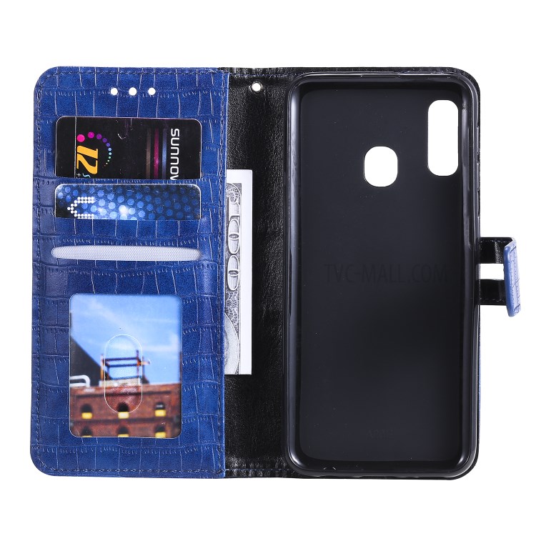 Crocodile Skin PU Leather Wallet Case with Strap for Samsung Galaxy A20e - Blue-5