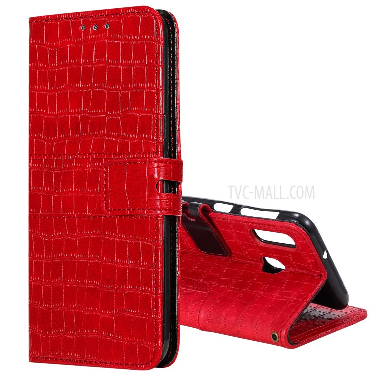 Crocodile Skin PU Leather Wallet Case with Strap for Samsung Galaxy A20e - Red-1