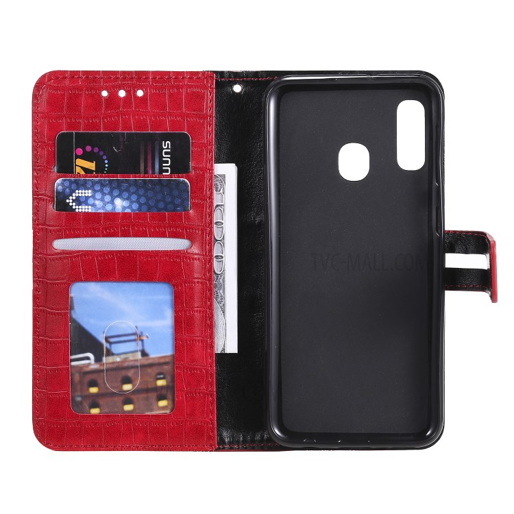 Crocodile Skin PU Leather Wallet Case with Strap for Samsung Galaxy A20e - Red-5