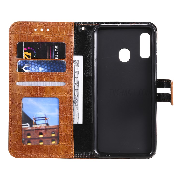 Crocodile Skin PU Leather Wallet Case with Strap for Samsung Galaxy A20e - Brown-5