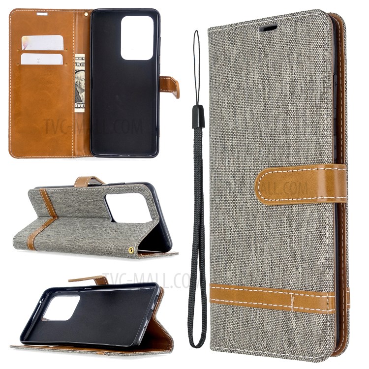 Assorted Color Jeans Cloth Leather Wallet Case for Samsung Galaxy S20 Ultra - Grey-1