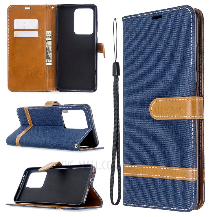 Assorted Color Jeans Cloth Leather Wallet Case for Samsung Galaxy S20 Ultra - Dark Blue-1