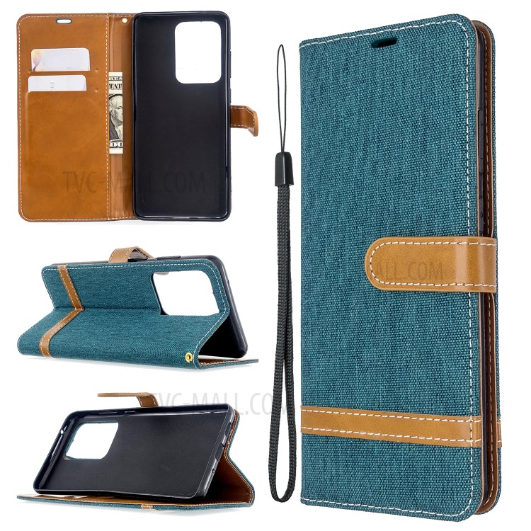 Assorted Color Jeans Cloth Leather Wallet Case for Samsung Galaxy S20 Ultra - Green-1