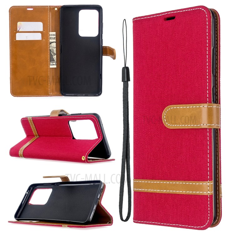 Assorted Color Jeans Cloth Leather Wallet Case for Samsung Galaxy S20 Ultra - Red-1