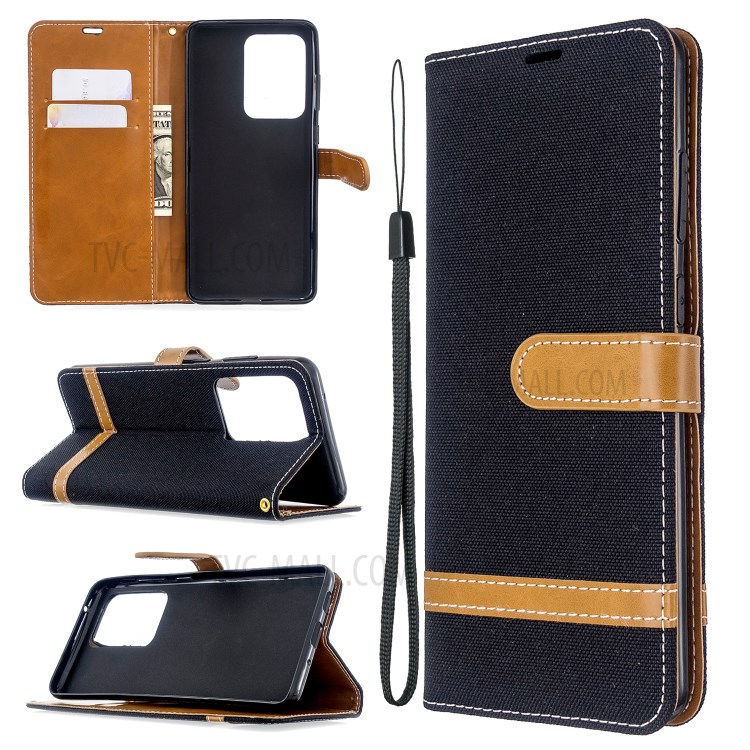 Assorted Color Jeans Cloth Leather Wallet Case for Samsung Galaxy S20 Ultra - Black-1