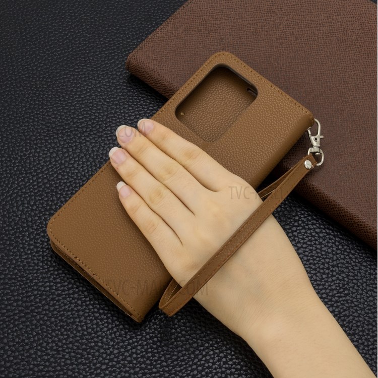 Litchi Skin Leather Wallet Stand Case for Samsung Galaxy S20 Ultra - Brown-6