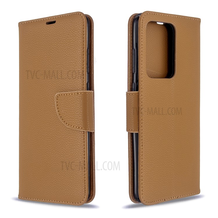 Litchi Skin Leather Wallet Stand Case for Samsung Galaxy S20 Ultra - Brown-9