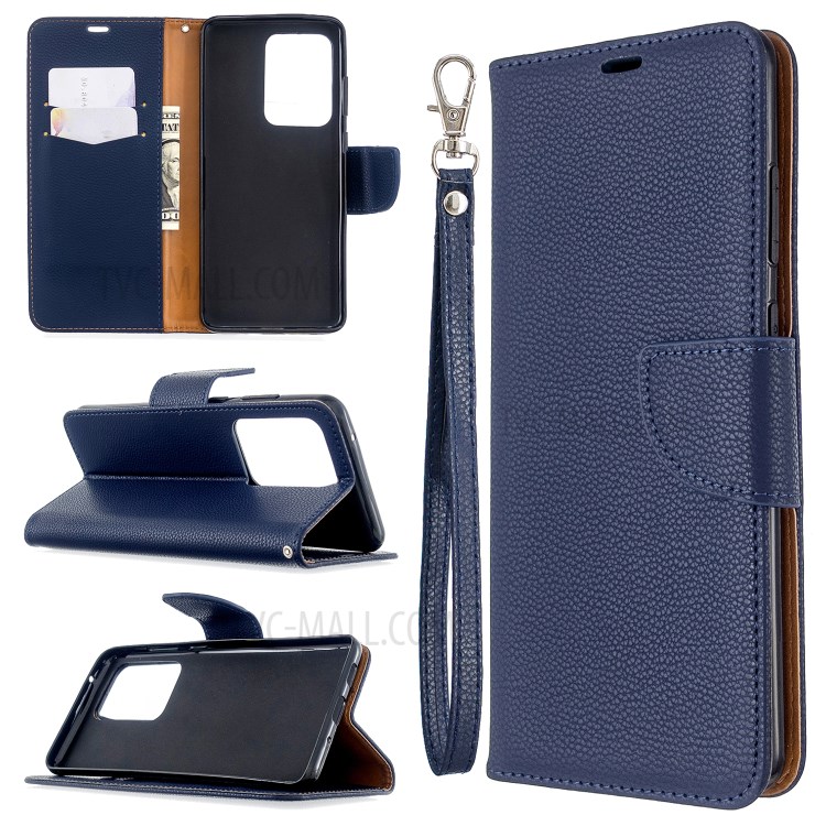 Litchi Skin Leather Wallet Stand Case for Samsung Galaxy S20 Ultra - Blue-1