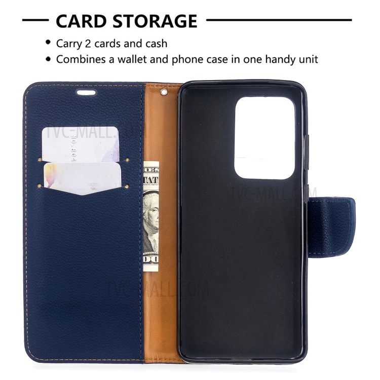 Litchi Skin Leather Wallet Stand Case for Samsung Galaxy S20 Ultra - Blue-3