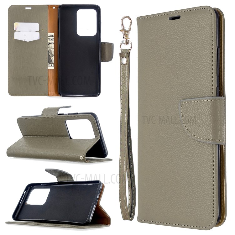 Litchi Skin Leather Wallet Stand Case for Samsung Galaxy S20 Ultra - Grey-1