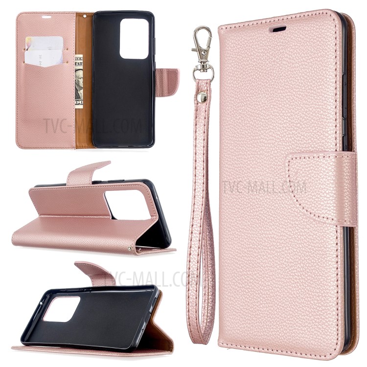 Litchi Skin Leather Wallet Stand Case for Samsung Galaxy S20 Ultra - Rose Gold-1