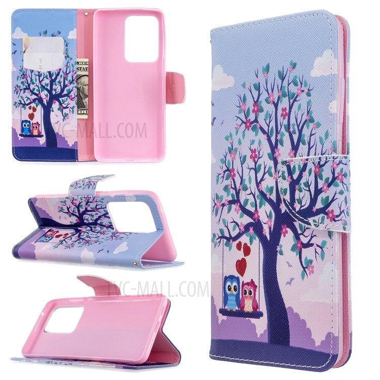 Pattern Printing Wallet Stand Flip Leather Case for Samsung Galaxy S20 Ultra - Couple Owls and Tree-1