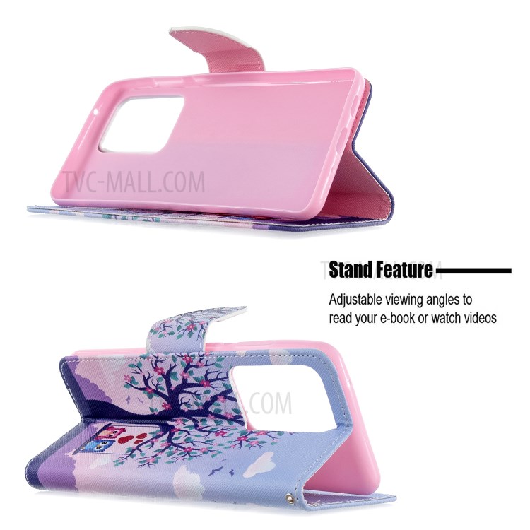 Pattern Printing Wallet Stand Flip Leather Case for Samsung Galaxy S20 Ultra - Couple Owls and Tree-2