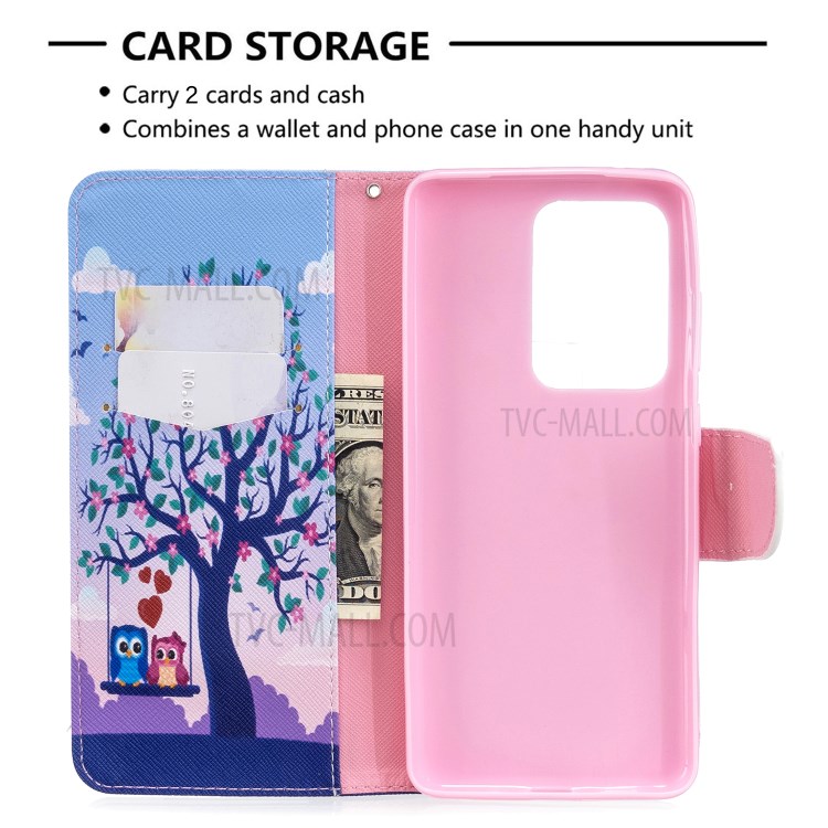 Pattern Printing Wallet Stand Flip Leather Case for Samsung Galaxy S20 Ultra - Couple Owls and Tree-3