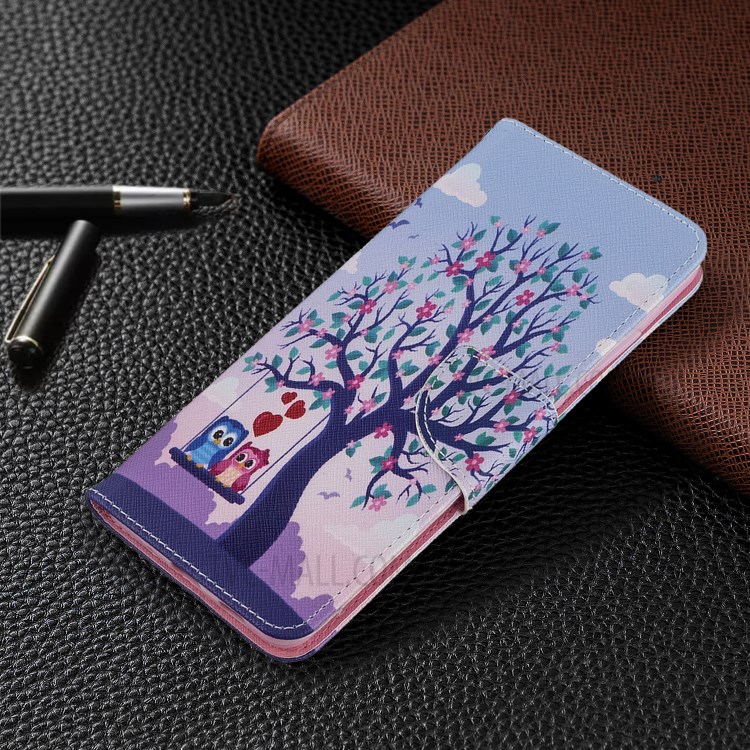 Pattern Printing Wallet Stand Flip Leather Case for Samsung Galaxy S20 Ultra - Couple Owls and Tree-4