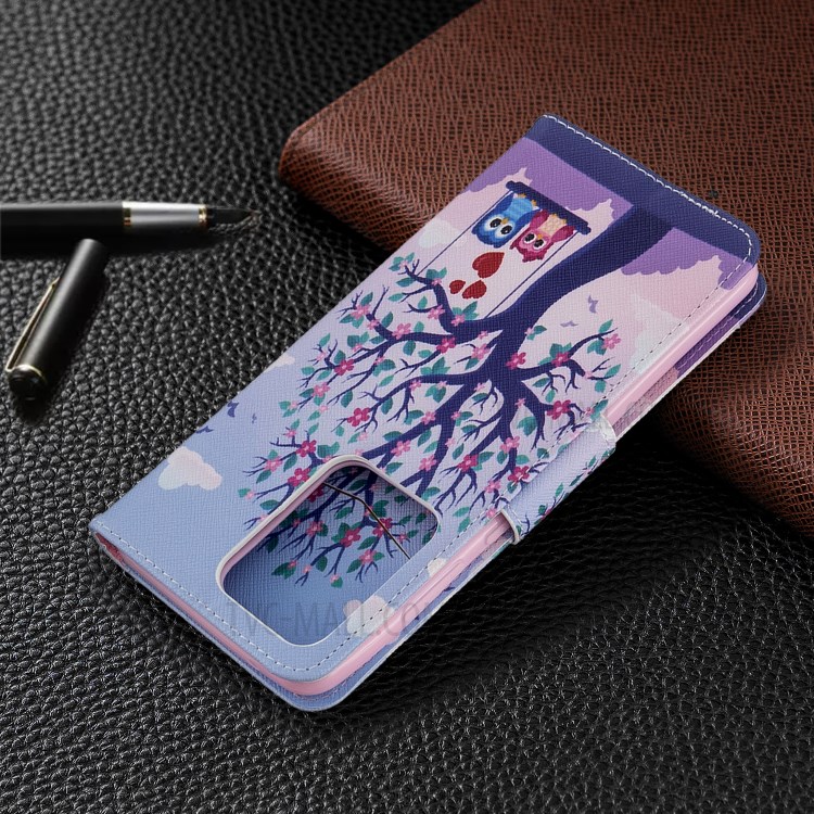 Pattern Printing Wallet Stand Flip Leather Case for Samsung Galaxy S20 Ultra - Couple Owls and Tree-5