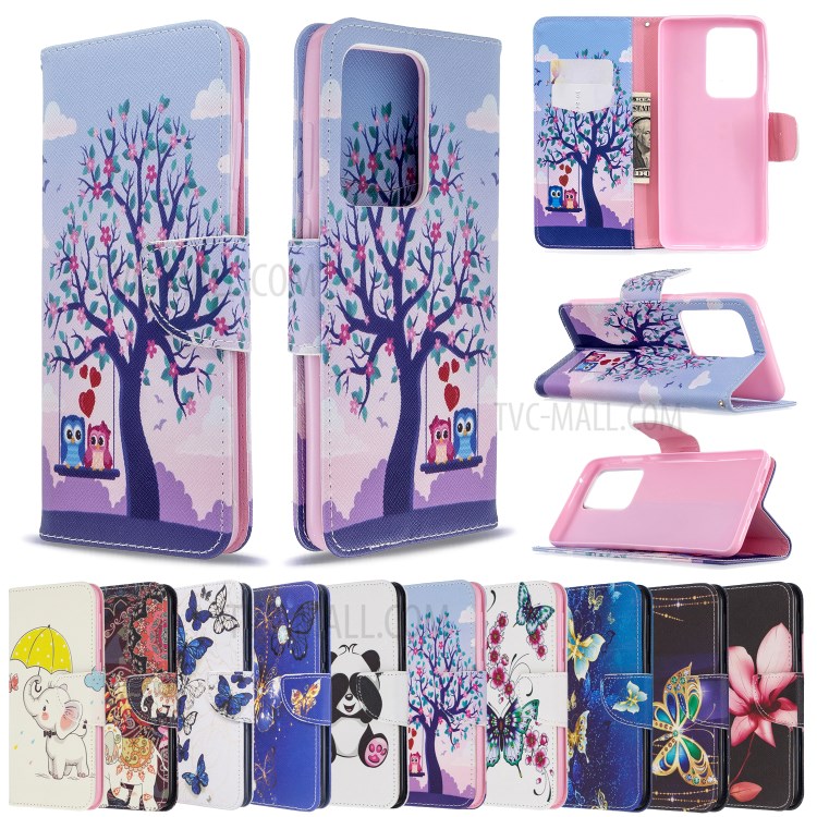 Pattern Printing Wallet Stand Flip Leather Case for Samsung Galaxy S20 Ultra - Couple Owls and Tree-9