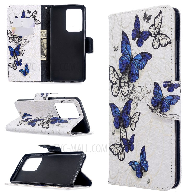 Pattern Printing Wallet Stand Flip Leather Case for Samsung Galaxy S20 Ultra - Blue Butterflies-1