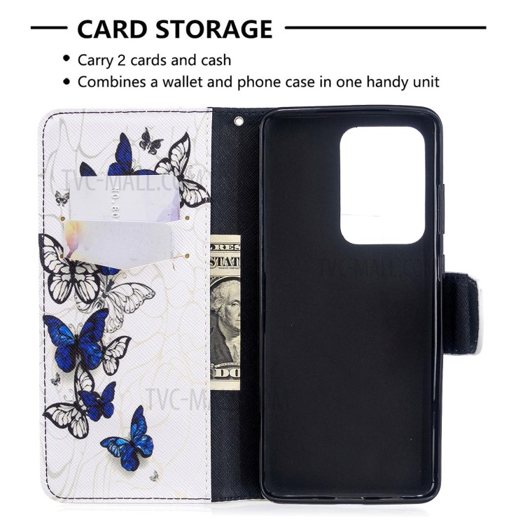 Pattern Printing Wallet Stand Flip Leather Case for Samsung Galaxy S20 Ultra - Blue Butterflies-3