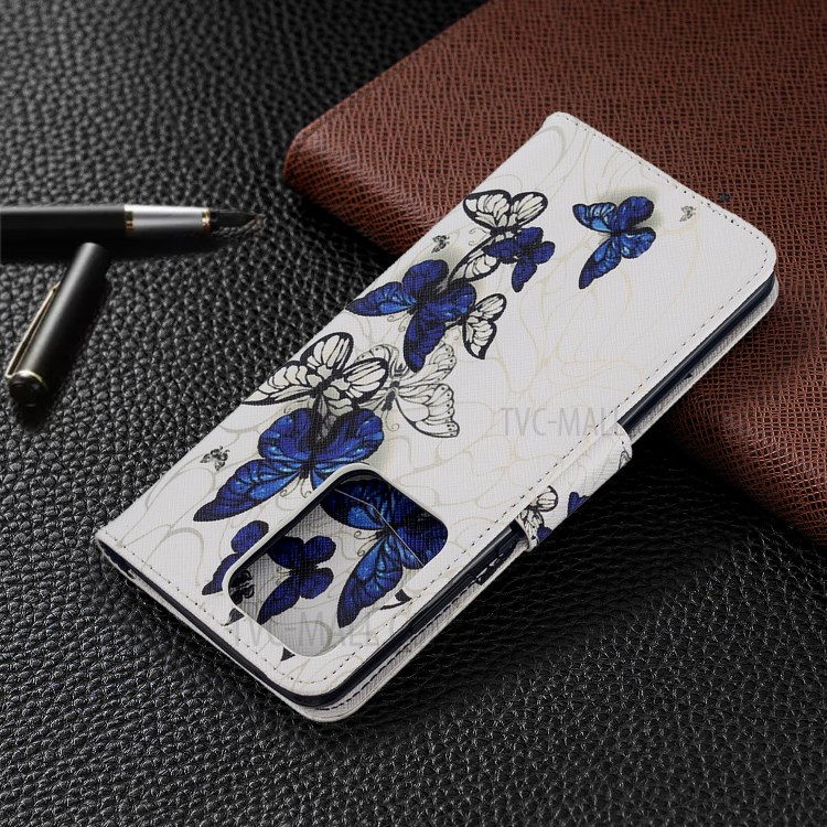 Pattern Printing Wallet Stand Flip Leather Case for Samsung Galaxy S20 Ultra - Blue Butterflies-5