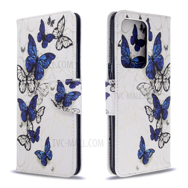 Pattern Printing Wallet Stand Flip Leather Case for Samsung Galaxy S20 Ultra - Blue Butterflies-8