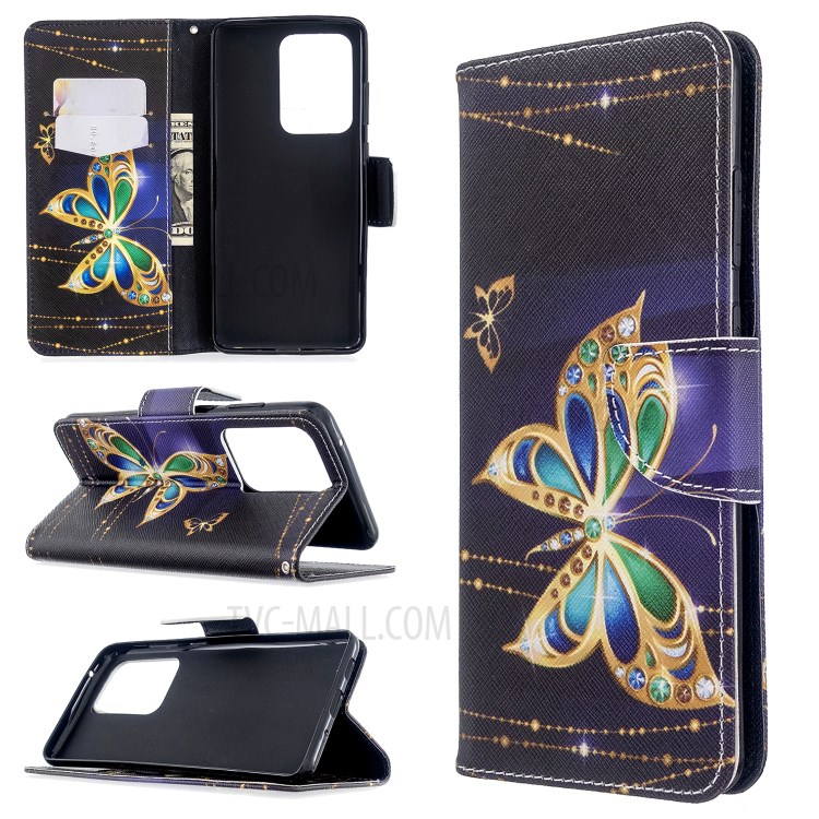 Pattern Printing Wallet Stand Flip Leather Case for Samsung Galaxy S20 Ultra - Gold Butterfly-1