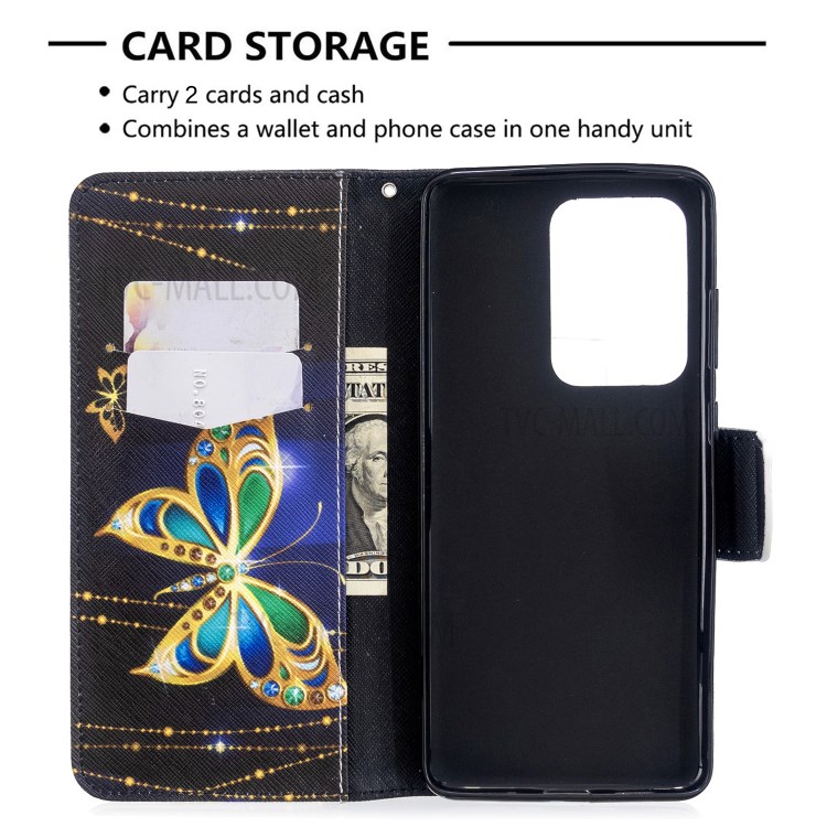 Pattern Printing Wallet Stand Flip Leather Case for Samsung Galaxy S20 Ultra - Gold Butterfly-3