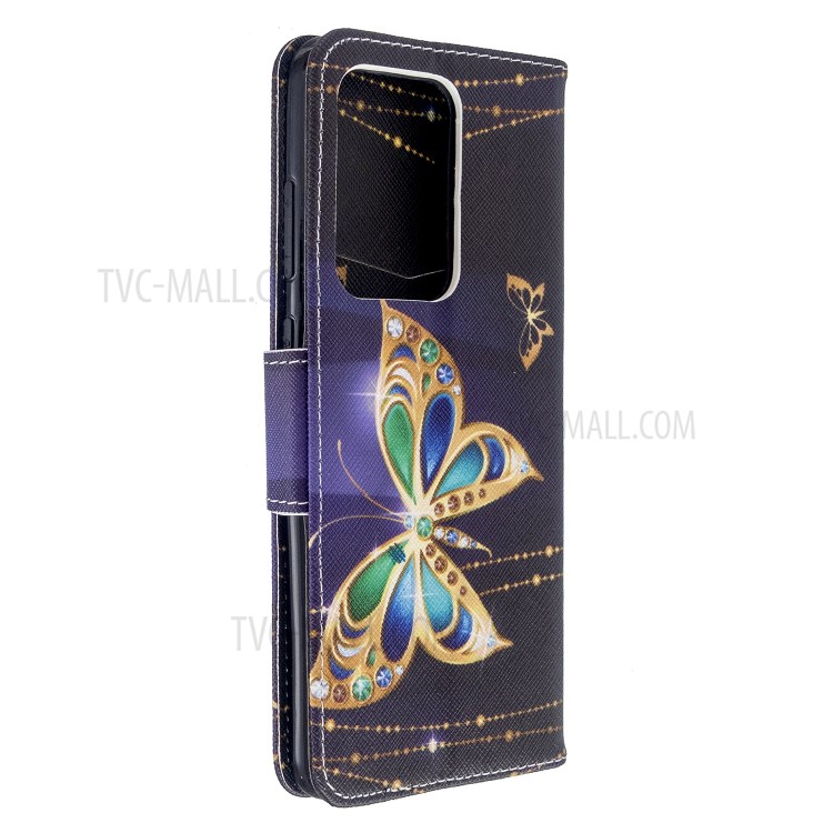Pattern Printing Wallet Stand Flip Leather Case for Samsung Galaxy S20 Ultra - Gold Butterfly-7