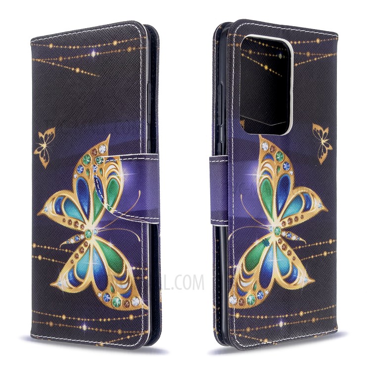 Pattern Printing Wallet Stand Flip Leather Case for Samsung Galaxy S20 Ultra - Gold Butterfly-8
