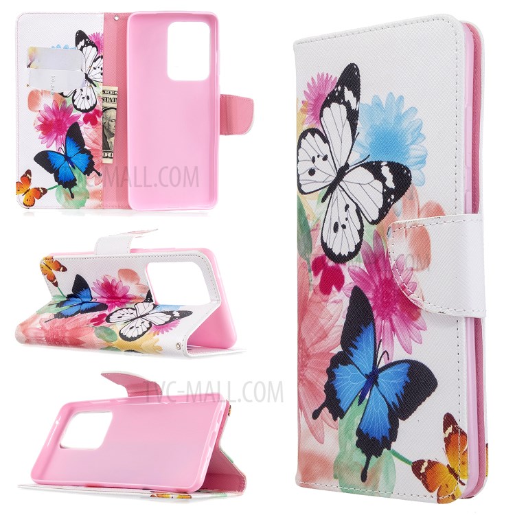 Pattern Printing Leather Wallet Protective Case for Samsung Galaxy S20 Ultra - Butterflies-1