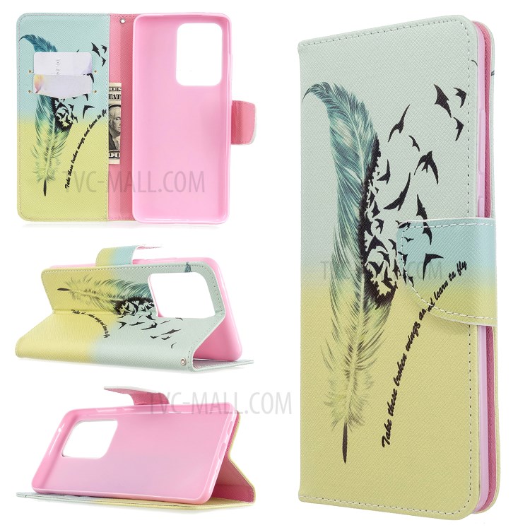 Pattern Printing Leather Wallet Protective Case for Samsung Galaxy S20 Ultra - Feather-1