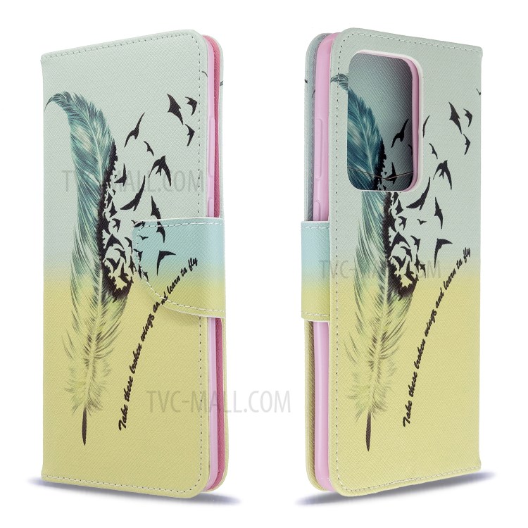 Pattern Printing Leather Wallet Protective Case for Samsung Galaxy S20 Ultra - Feather-2
