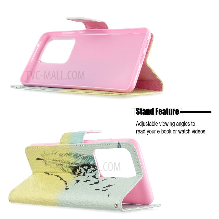 Pattern Printing Leather Wallet Protective Case for Samsung Galaxy S20 Ultra - Feather-3