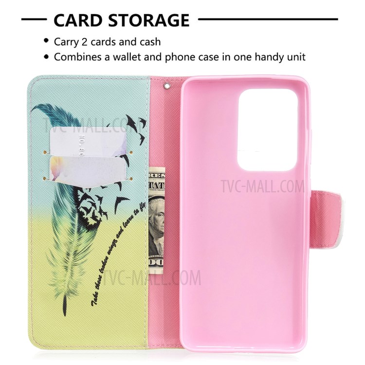 Pattern Printing Leather Wallet Protective Case for Samsung Galaxy S20 Ultra - Feather-4