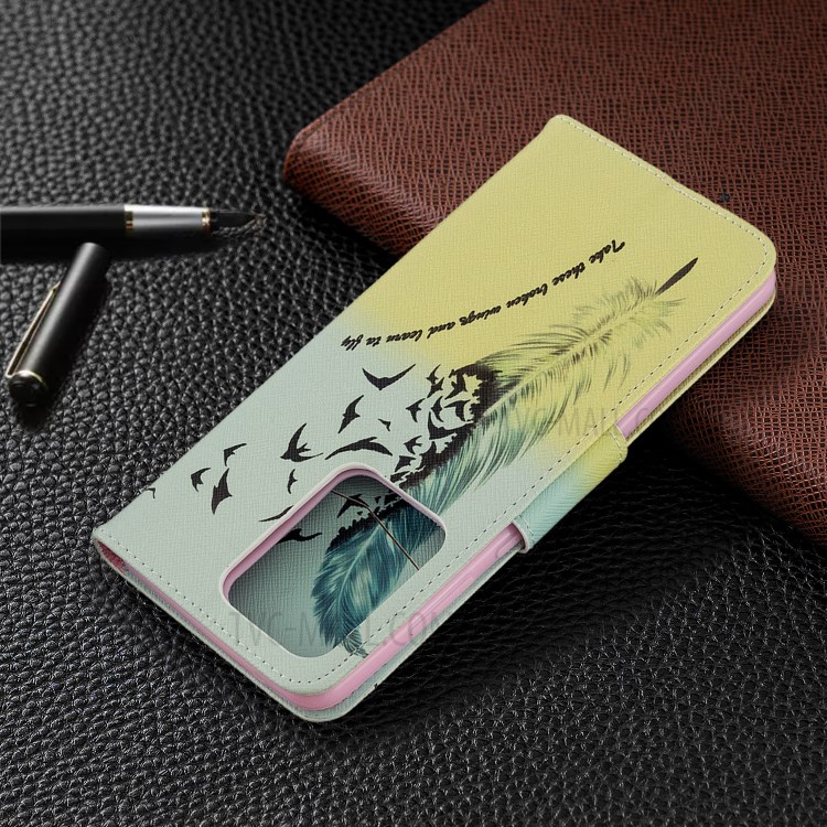 Pattern Printing Leather Wallet Protective Case for Samsung Galaxy S20 Ultra - Feather-6