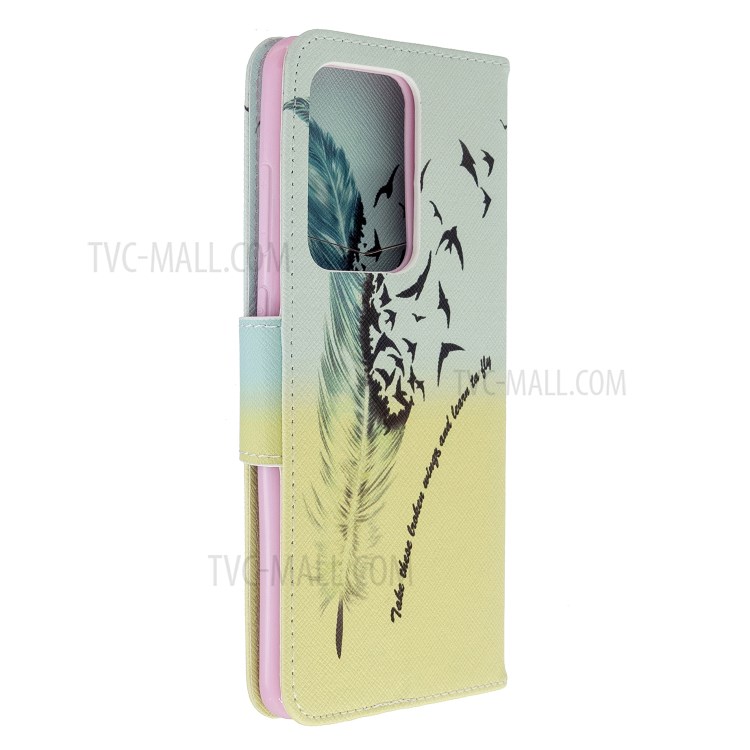 Pattern Printing Leather Wallet Protective Case for Samsung Galaxy S20 Ultra - Feather-8